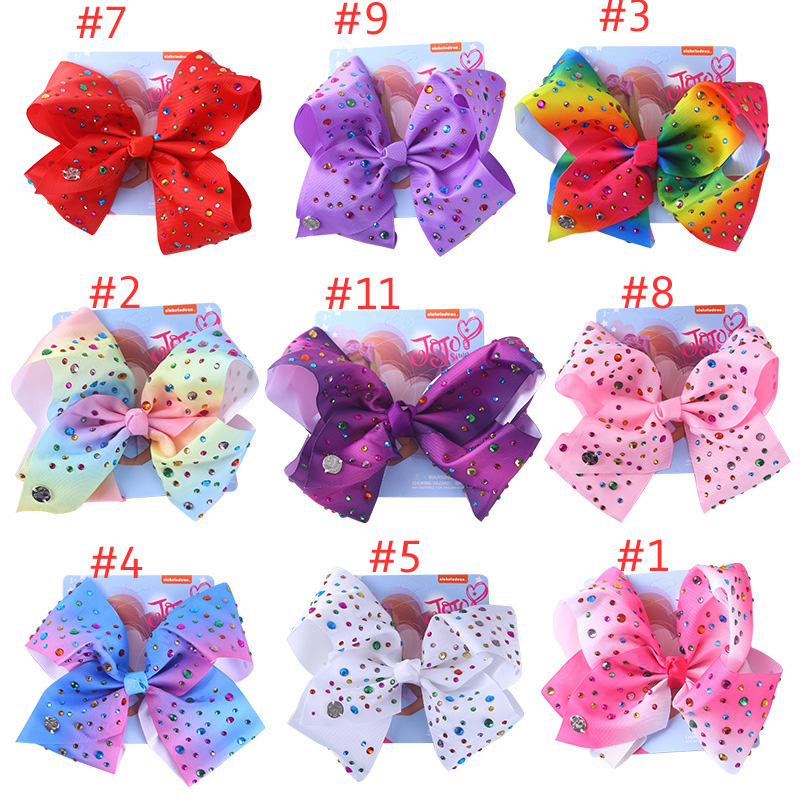 Kids Hair Clips jojo Hair Accessories 8-inch Imitation diamond gradient ribbed with card children's hair clip bow headwear girl's hairpins for holiday parties