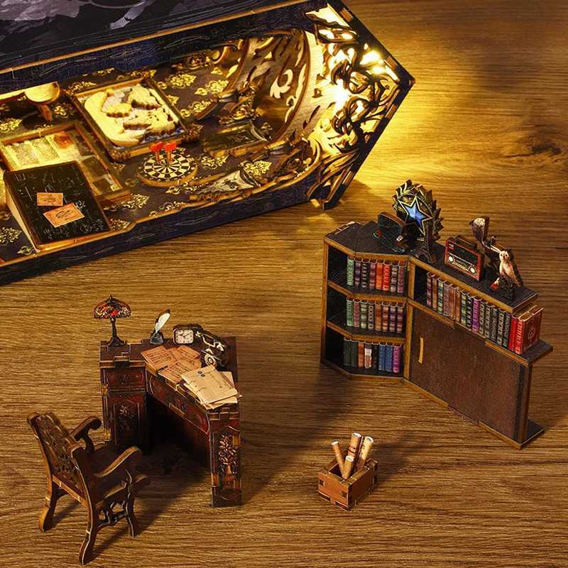 Arkitektur/DIY House DIY Book Nook Kit 3D Träbokhylla Miniatyrbyggnadssatser med LED -ljus Miniatyrdockan Modell Insert Decor Trähantverk
