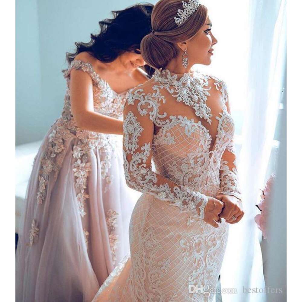 African Mermaid Wedding Dresses Detachable Train High Neck Lace Bridal Dress Long Sleeves Plus Size