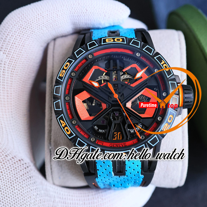 V10 New 45mm Spider RDDBEX1007 Automatic Mens Watch Skeleton Dial Tourbillon PVD Black Steel Case White Inner Blue Leather Rubber Strap Watches Hello_Watch E133