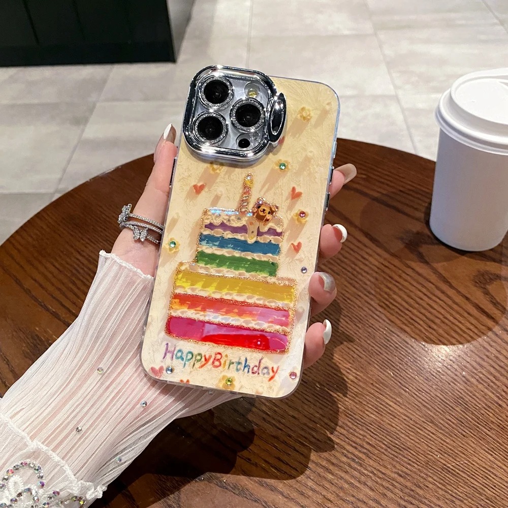 كعكة عيد ميلاد Glitter Holder مع حالة هاتف Donuts لـ iPhone15 Promax 13 Pro 12 11 14 بالإضافة إلى غطاء خلفي جديد للأزياء