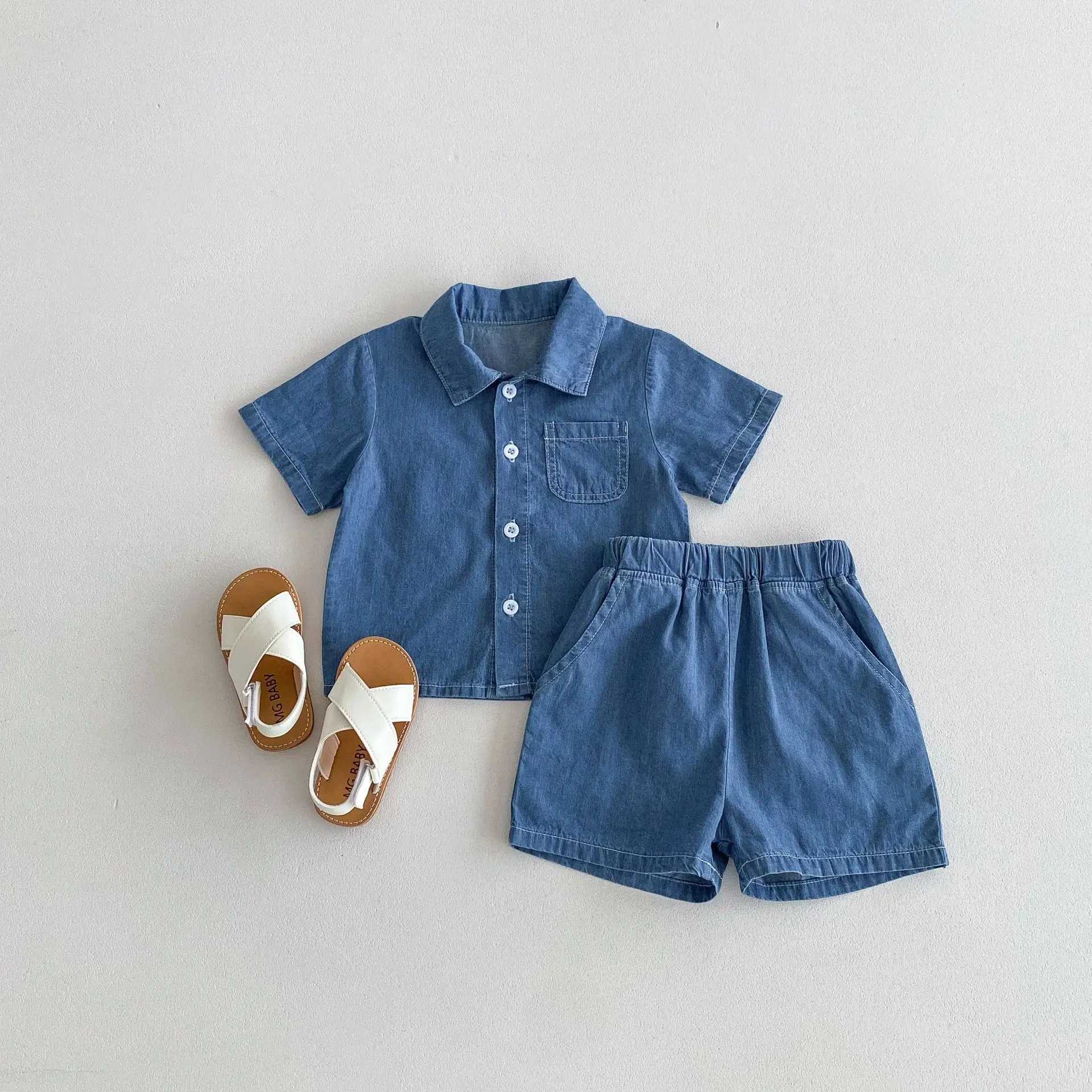 Clothing Sets Baby and toddler summer Korean version denim thin cardigan short sleeved shorts denim suit suitable for ages 0-4 2-piece set