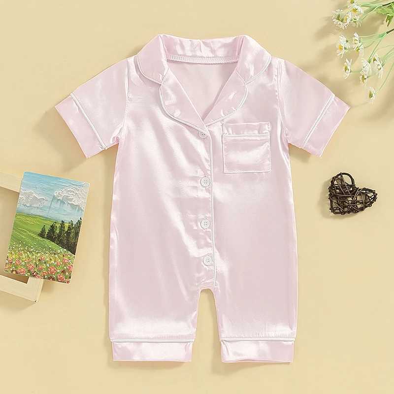 Pyjamas Baby Girl Summer Satin Silk Pyjama Jumpsuit Kort ärm Lapel -knapp ner Nyfödd baby pyjama D240515