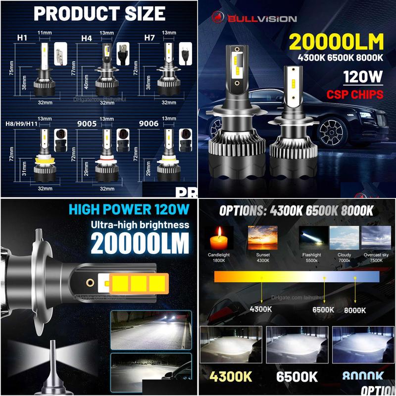 Car Headlights H4 Led Headlight 20000Lm Csp Chip H7 H1 H11 H8 H9 9005 9006 Hb3 Hb4 120W 4300K 6500K 8000K Ptf Ice Bb Fog Light Bisio Dhru5