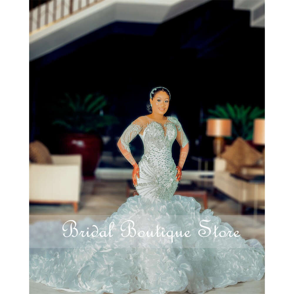 Pearls Mermaid Wedding Dress 2023 med ruffle långa ärmar pärlor kristaller paljetter brudklänning vestido de noiva korsett