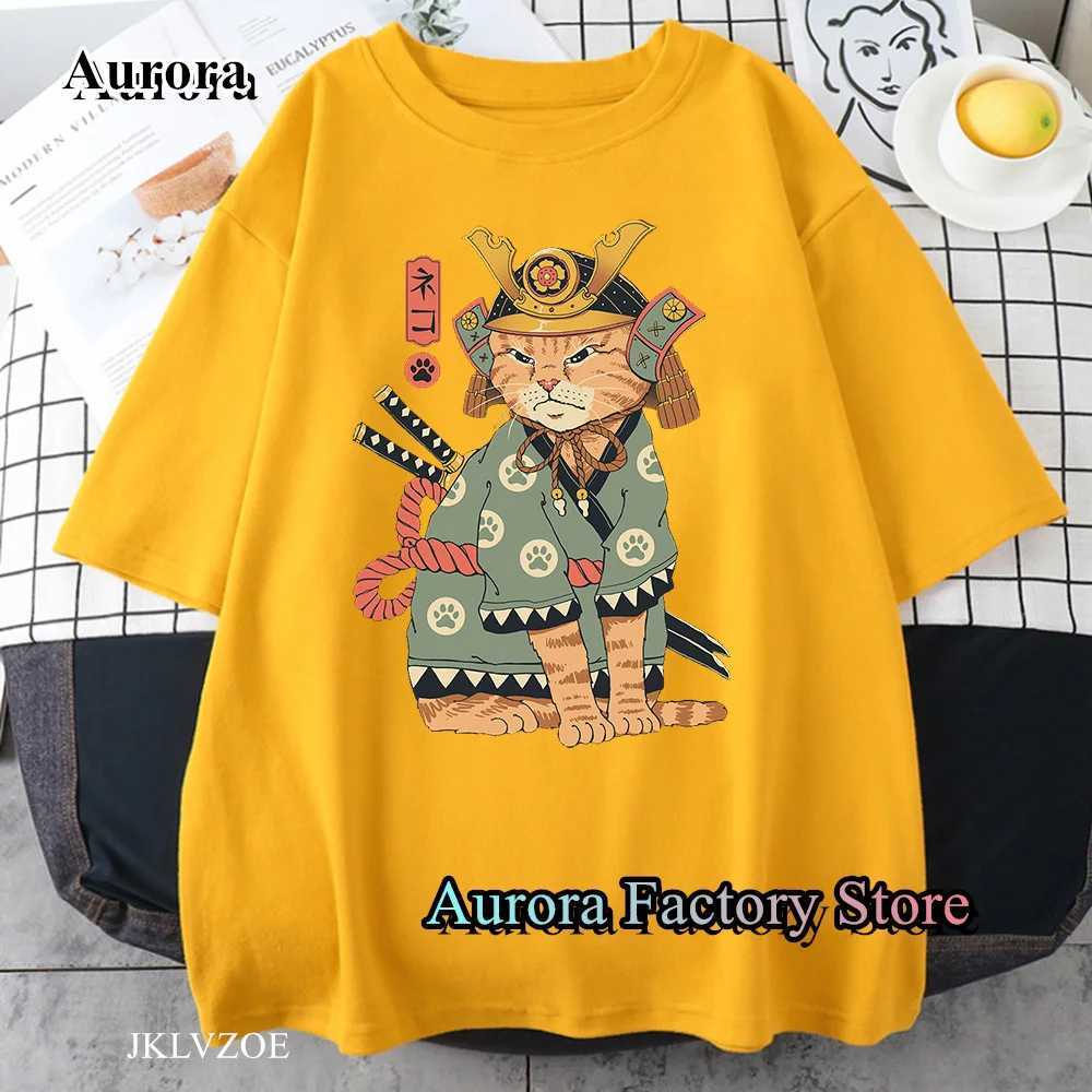 T-shirts voor heren Cartoon Samurai Cat Print T-shirt voor mannen Summer Casual katoen korte sleve kleding vrouwen tops ts y2k harajuku strtwear t240515