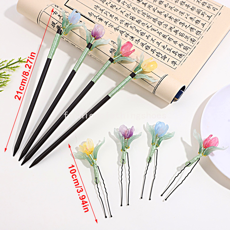 Vintage Wood Tulip Flower Tassel Hairpin For Women Girl Antique Hair Stick Hair Clip Costume Chinese Hanfu Hair Accessories