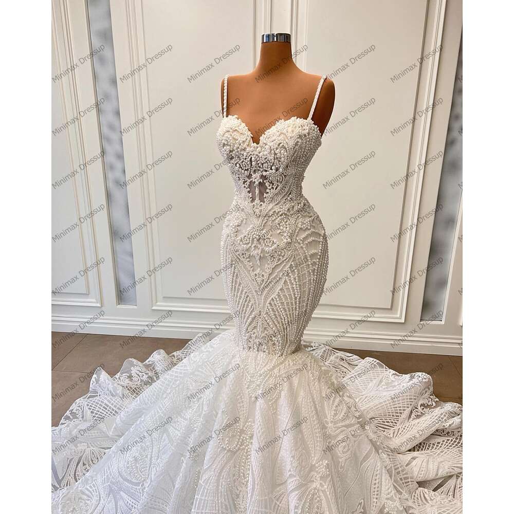 Echte afbeelding Beading Pearls Mermaid -jurken Pretty Spaghetti Strap Appliques Lace Long Bridal Dress Zipper Back Wedding Go