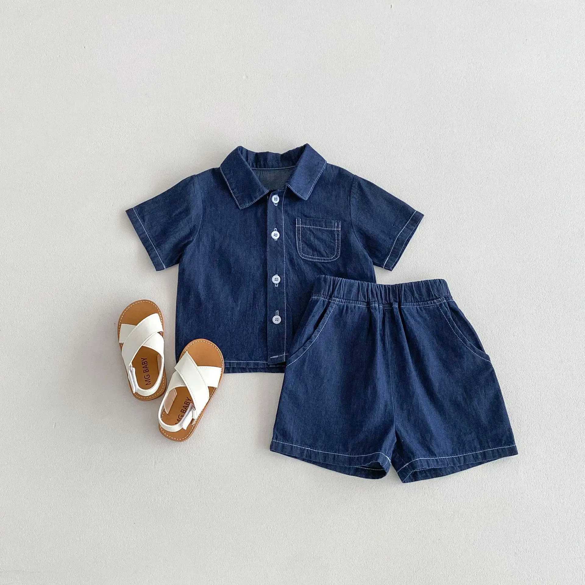 Clothing Sets Baby and toddler summer Korean version denim thin cardigan short sleeved shorts denim suit suitable for ages 0-4 2-piece set