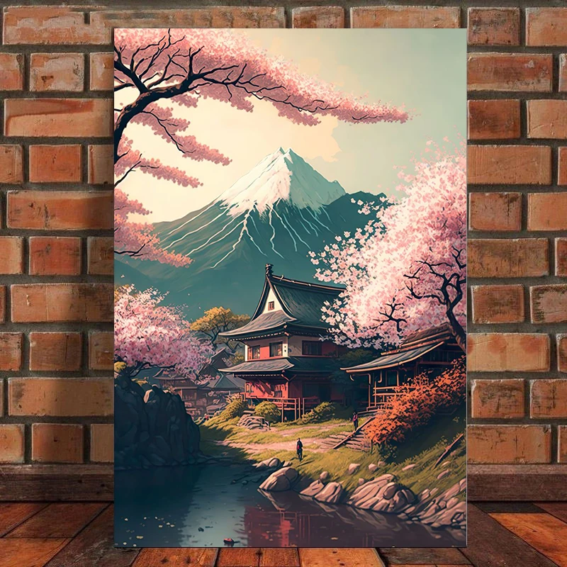 Vintage Japanese Village Fuji Mountain Cherry Blossom Landscape Posters Canvas Painting Aesthetic Wall Art For Room Home Decor