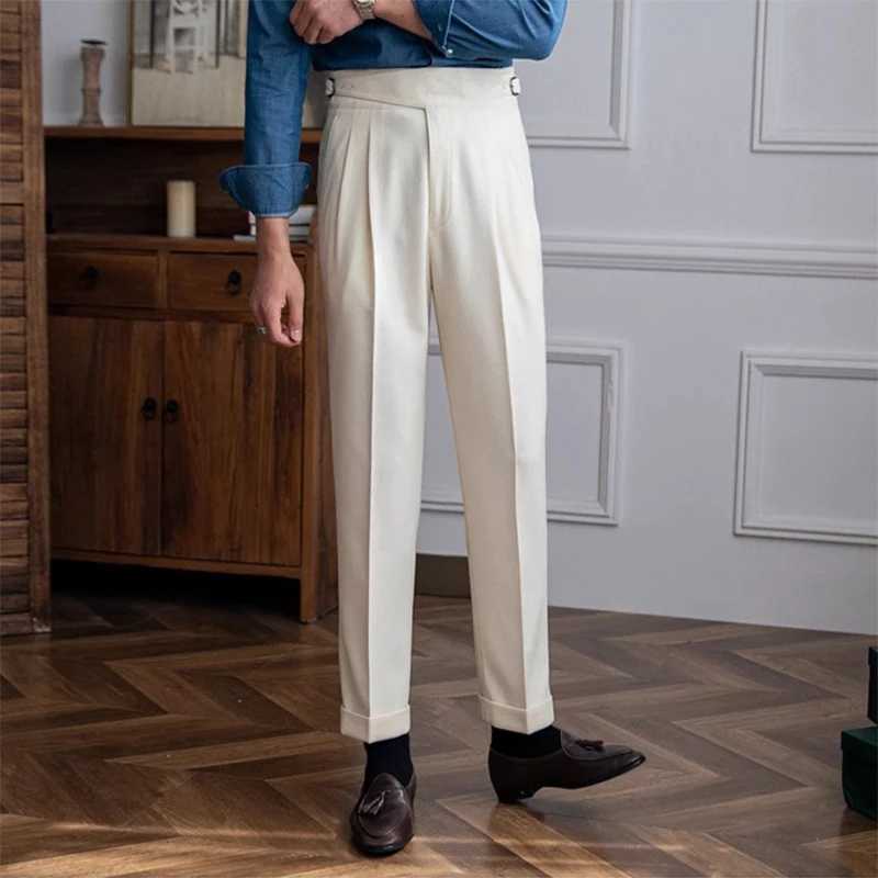 Herenbroeken Nieuwe casual solide kleurenset voor heren Spring Trend met hoge taille broek Mens Business Office mode geplooide rechte broek Y240514