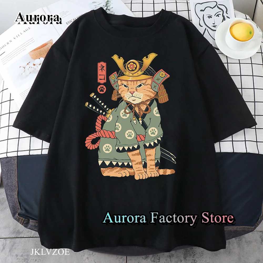 T-shirts voor heren Cartoon Samurai Cat Print T-shirt voor mannen Summer Casual katoen korte sleve kleding vrouwen tops ts y2k harajuku strtwear t240515