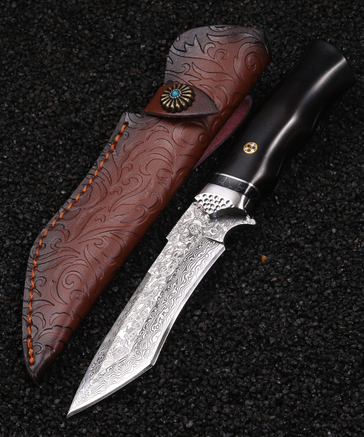 Special Offer A2567 High End Damascus Straight Knife Damascus Steel Tanto Blade Ebony with Steel Head Handle Outdoor Fixed Blade Hunting Knives With Leather Sheath