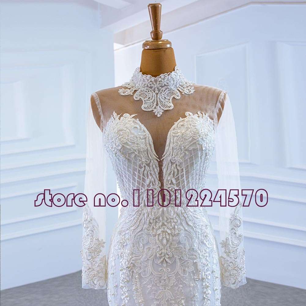 O-Neck Lace Up Back Long Sleeve Pearls Appliques Mermaid Wedding Dress With Detachable Train Vestido de Noiva Sereia