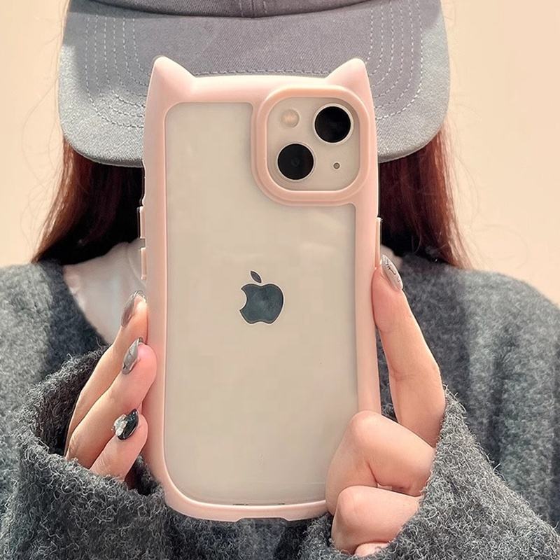 CASEiST Cute 3D Cat Ears Phone Case Acrylic Clear Transparent Couple INS Hot Trend Kawaii Mobile TPU Bumper Cover Girl Women Gift For iPhone 15 14 13 12 11 Pro Max Plus