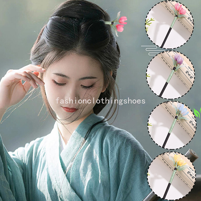 Vintage Wood Tulip Flower Tassel Hairpin For Women Girl Antique Hair Stick Hair Clip Costume Chinese Hanfu Hair Accessories