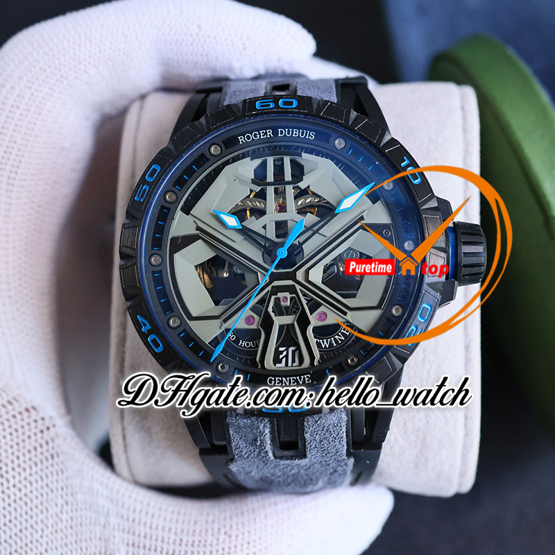 V10 New 45mm Spider RDDBEX1007 Automatic Mens Watch Skeleton Dial Tourbillon PVD Black Steel Case White Inner Blue Leather Rubber Strap Watches Hello_Watch E133
