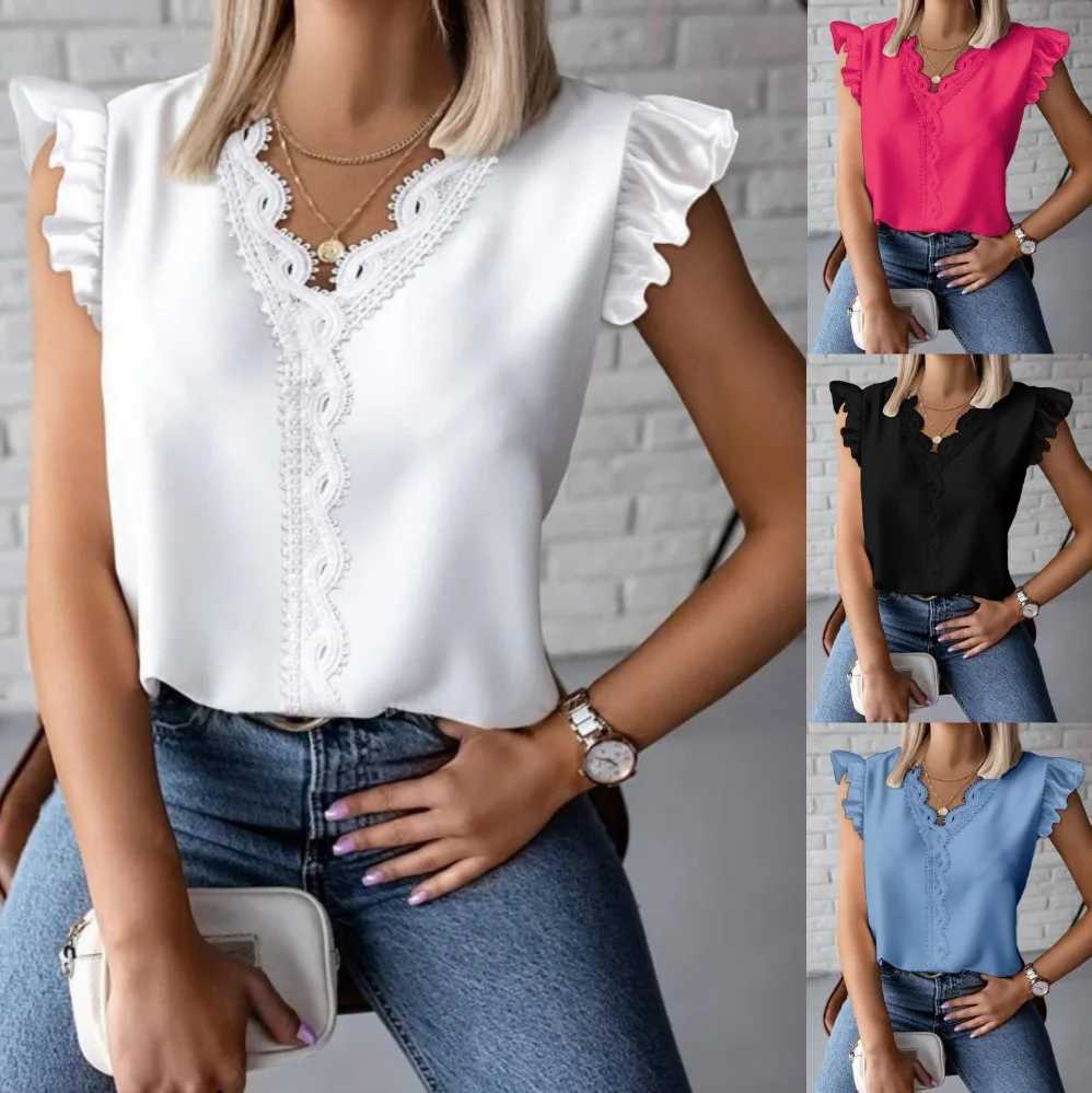 Women's Blouses Shirts Sexy V Neck Slveless Lace Patchwork Blouse Shirts Summer Women Ruffle Loose Blouse Tops SZE-ST24019 Y240510