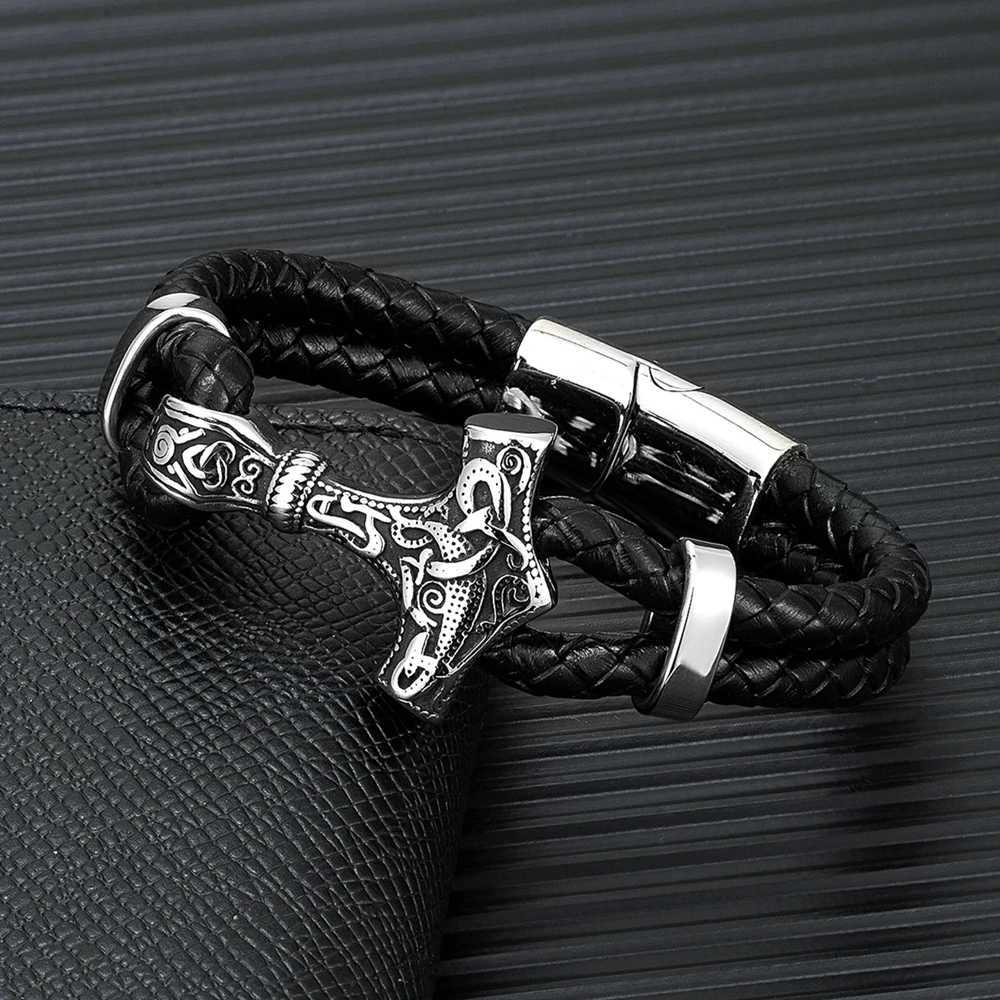 Bracelets Charm Mkendn Punk Men estilo Vikings Pulsera de cuero genuino trenzado de acero inoxidable de acero inoxidable Thors Hammer Mjolnir Bangles Y240510