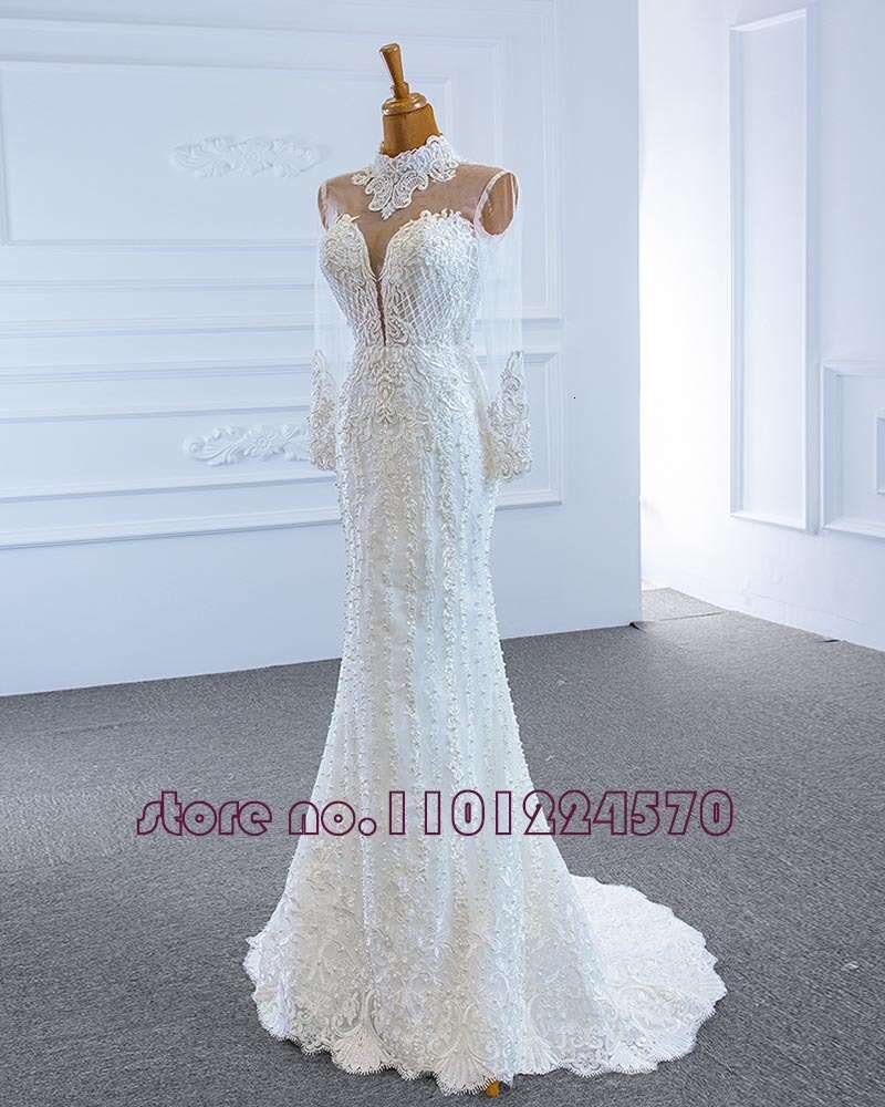 O-Neck Lace Up Back Long Sleeve Pearls Appliques Mermaid Wedding Dress With Detachable Train Vestido de Noiva Sereia