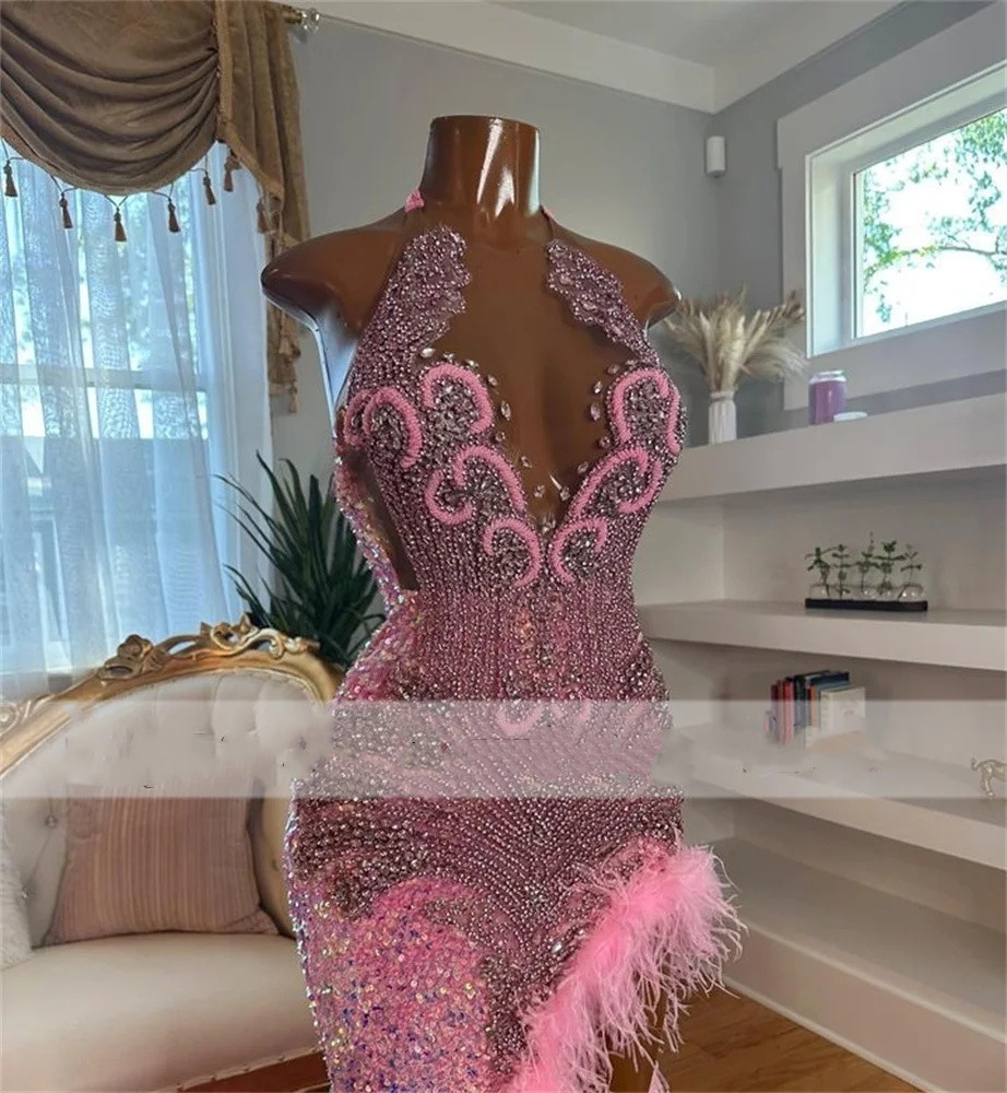 Vestidos de baile de lantejoulas brilhantes 2024 Vestido de contas de cristal de luxo rosa de alta fenda para meninas negras luxo 2024 meninas sereia