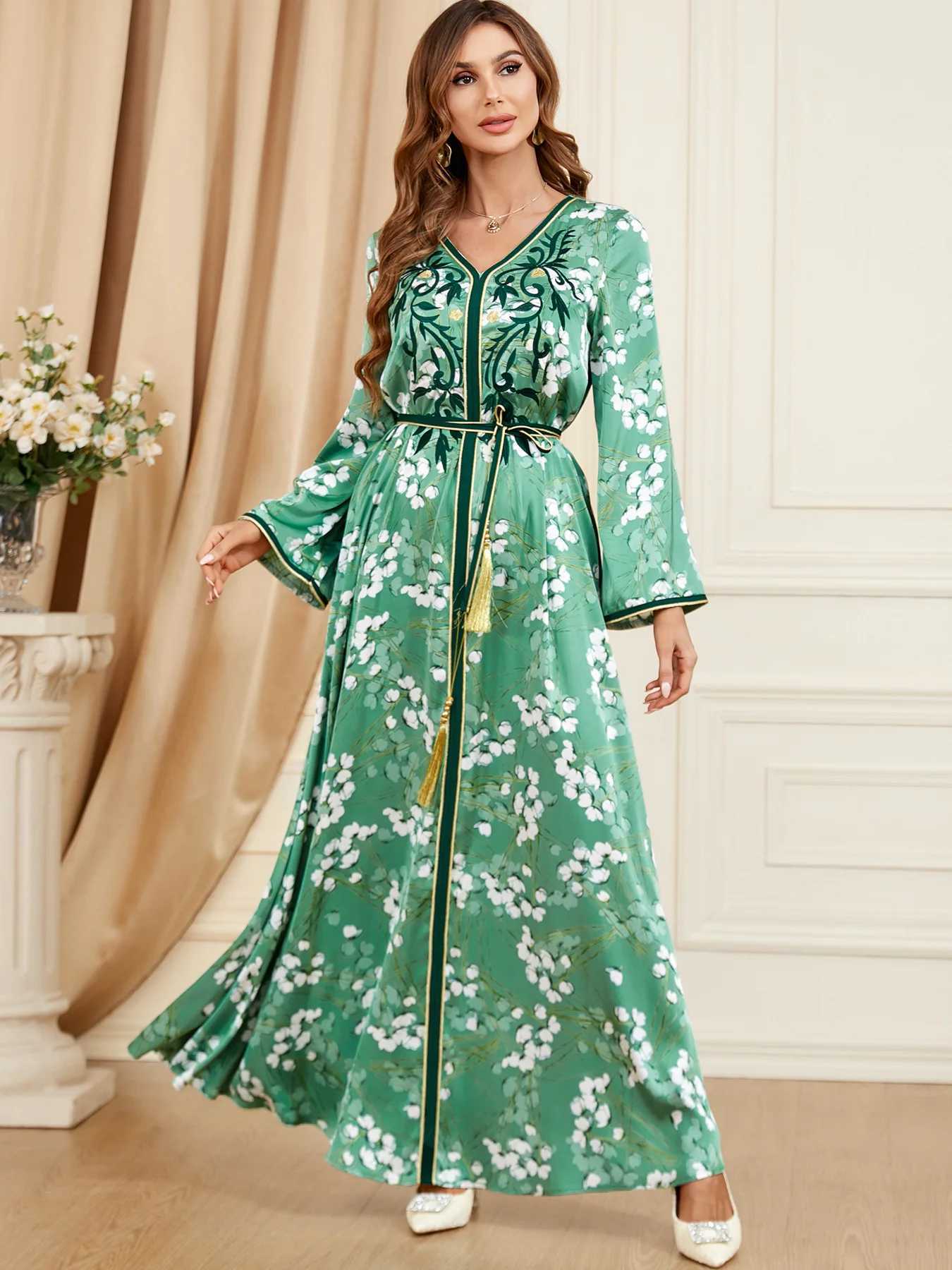 Ethnic Clothing Autumn Muslim Jalabiya Dress for Women Print Abaya Ramadan Party Long Dresses Abayas Woman Lace-up Kimono Robe Caftan Vestidos T240515