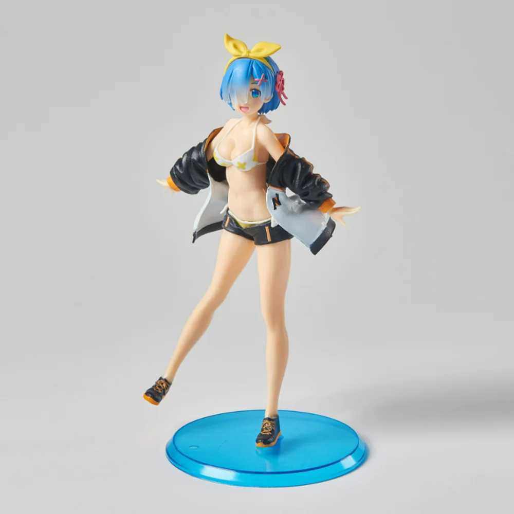 Action Toy Figures 22cm Beach Swimwear Blue Haired Girl Anime Figure Rem Twins Action Figur Rem Figur Collection Model Doll Toys Y240516