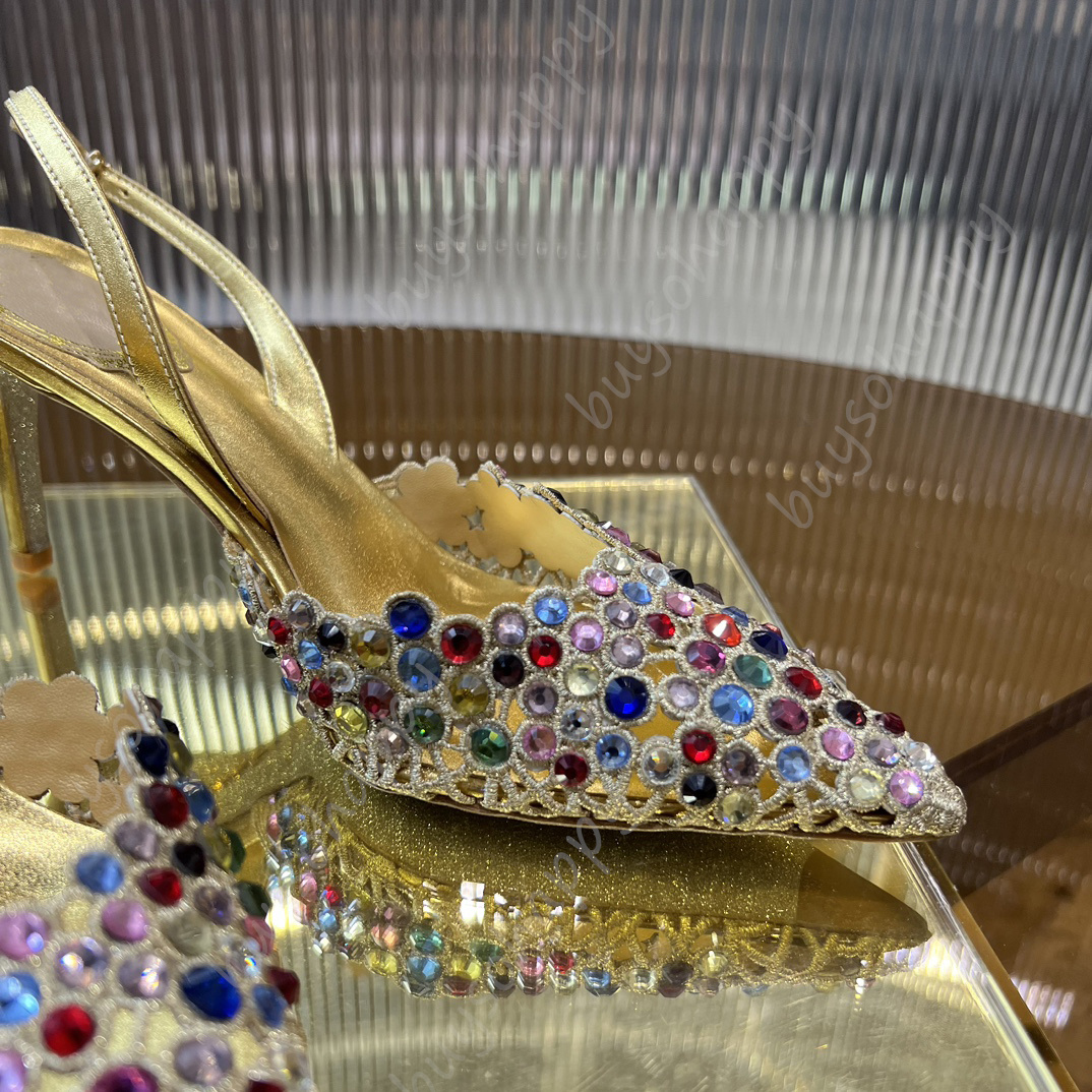 Pokręcone palce puste Rene Caovilla Sandal Slingbacks krystalicznie inkrustowane buty wieczorowe Dekoracja Rhinestone 7,5 cm Kitten Heel Women High Heels Projektantowe obcasy