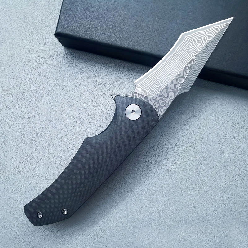 Kampanj A2463 High End Flipper Knife D2/Damascus Steel Tanto Point Blade G10/Carbon Fiber Handle Ball Bearing EDC Pocket Knives