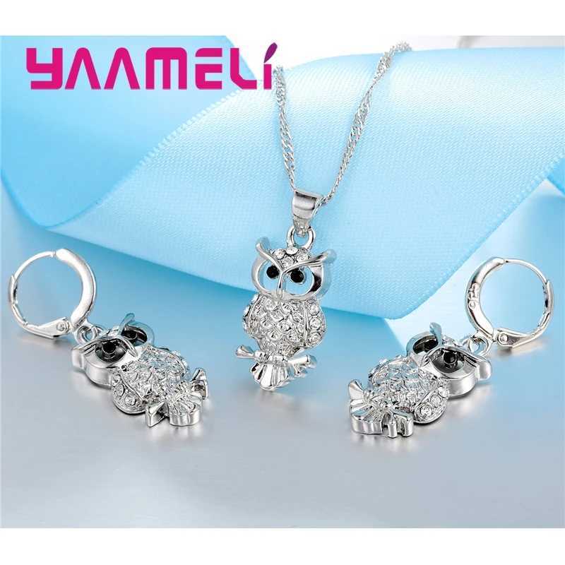 Bruiloft sieraden sets glanzend alle Afrika AAA Crystal Owl hanger ketting oorbel set beste cadeau voor vrouwen 925 sterling zilveren feestaccessoires