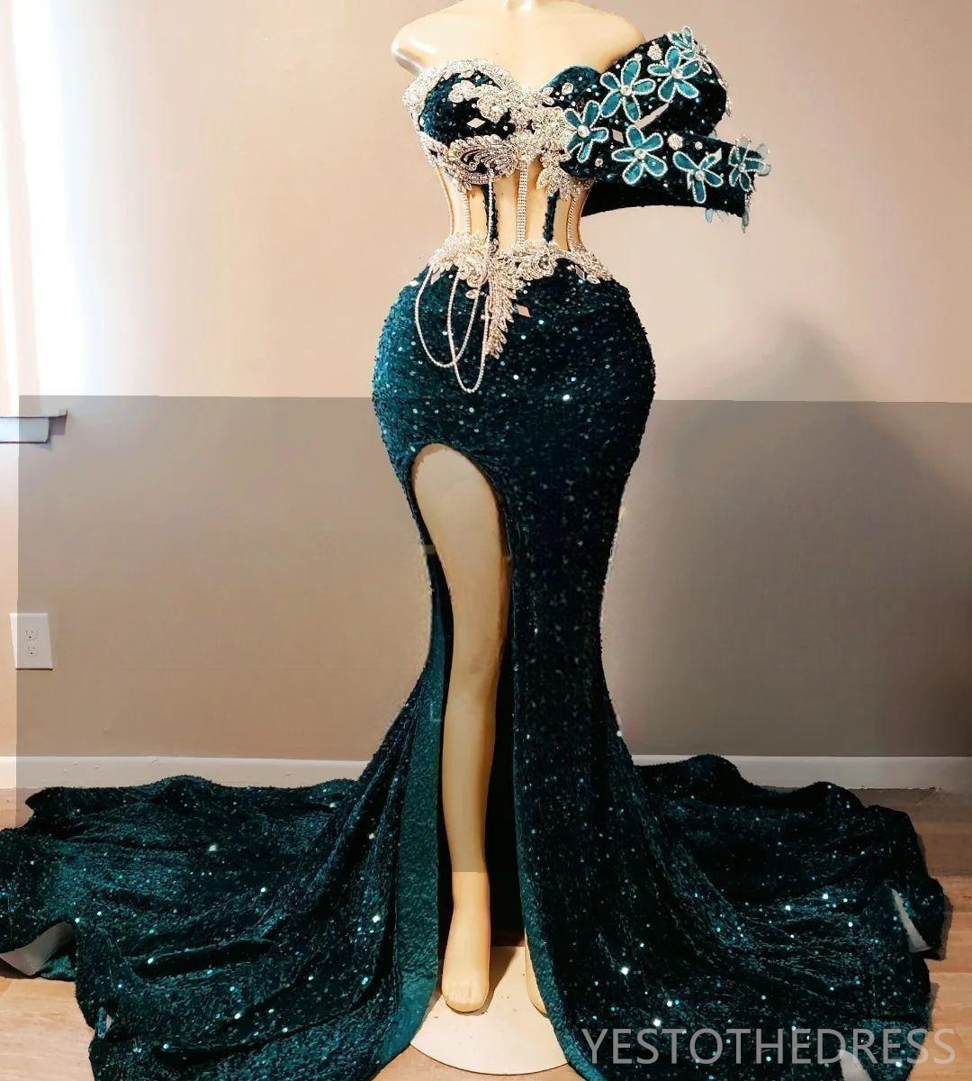 2024 Hunter Green Prom Dresses for Black Women Promdress Illusion One Shoulder Split Sequined Lace Tassel Rhinestones Birthday Dress Second Reception Gowns AM955