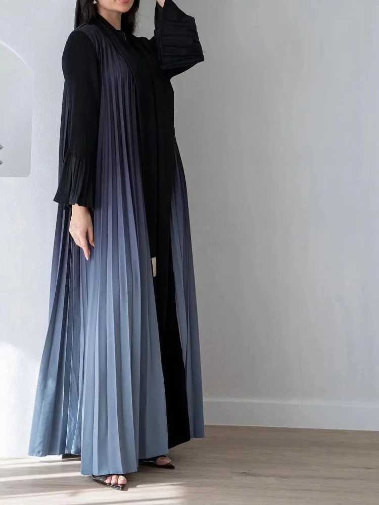 Etniska kläder veckade lutning muslimska abaya kvinnor abayas saudi arabiska flare slve cardigan klänning caftan maxi vestidos marocko kaftan long robe t240515