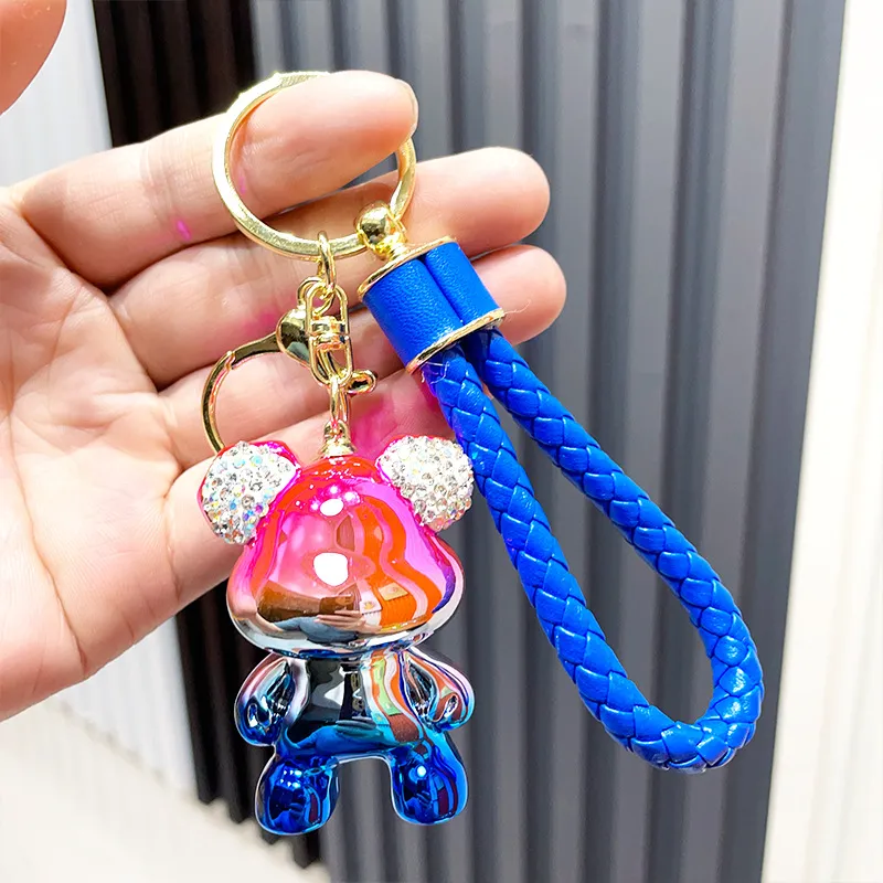 Cute Anime Keychain Charm Key Ring Fob Pendant Light Luxury Diamond-plated Sitting Violent Bear Doll Couple Students Creative Valentine`s Day Gift DHL