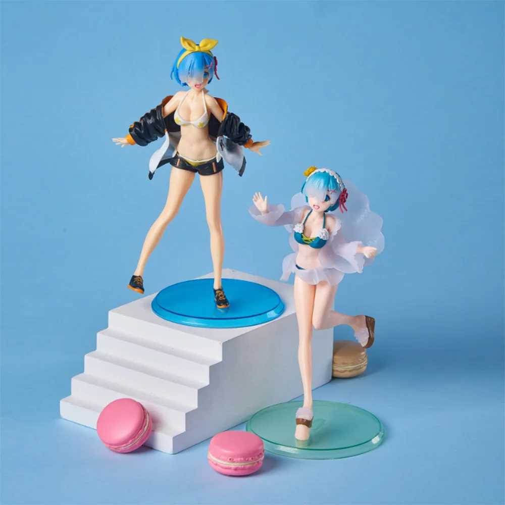 Action Toy Figures 22cm Beach Swimwear Blue Haired Girl Anime Figure Rem Twins Action Figur Rem Figur Collection Model Doll Toys Y240516