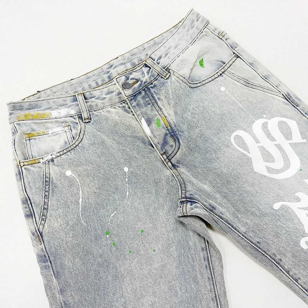Men's Jeans American 100% Cotton Mens Flared Jeans Letter Print Open Hem Denim Pants Heavy Weight Ripped On Kn Male Trousers T240515