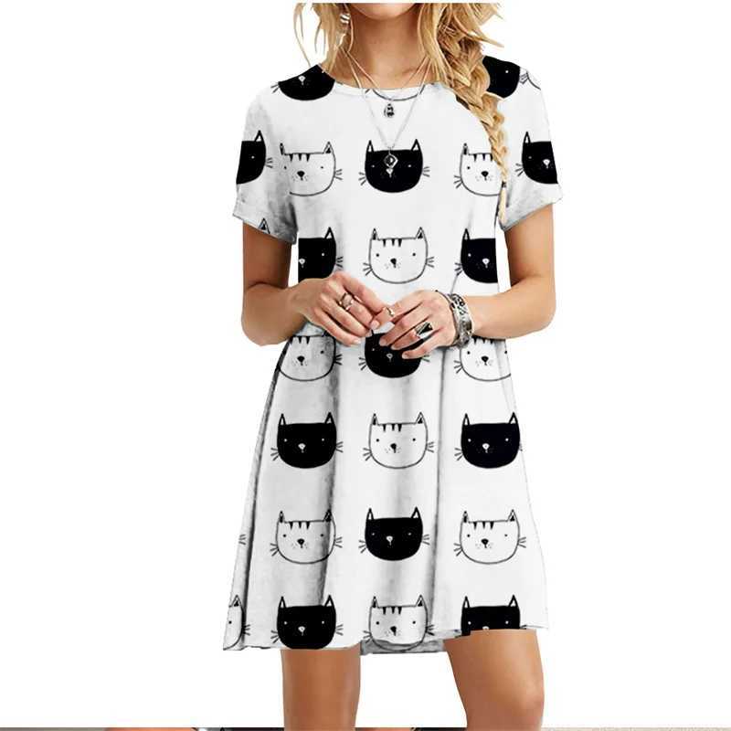 Basic Casual Dresses Painted Patters Cats Print Dress Short Slve Kawaii Women Dresses Summer For 2022 Fashion O-Neck Strt Casual Loose Clothing Y240515