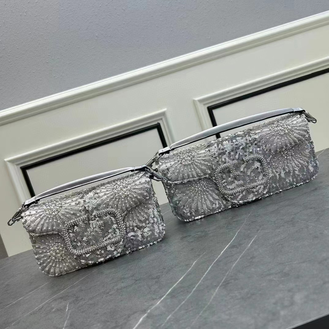 Designer Bag Flip Evening Bags Showcase Purse Mini Lace geborduurde handtas met kristal geïnspireerde decoratie Pearl Party Bag Silver Pargin Decoratie