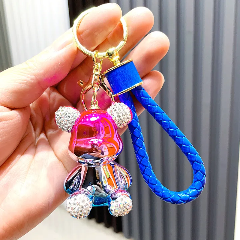 Cute Anime Keychain Charm Key Ring Fob Pendant Light Luxury Diamond-plated Sitting Violent Bear Doll Couple Students Creative Valentine`s Day Gift DHL
