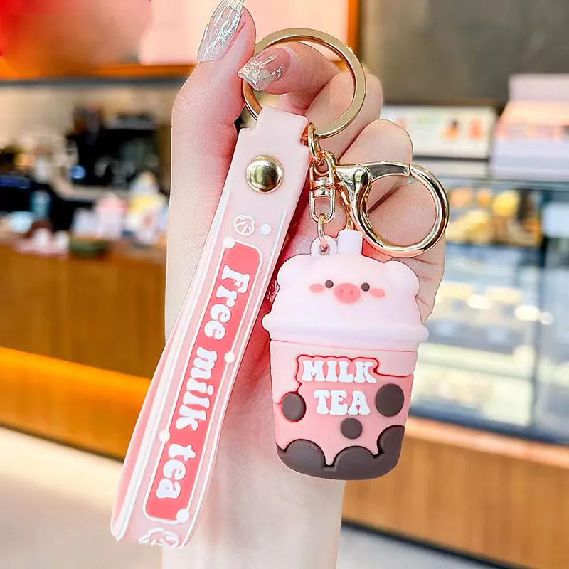 Cute Anime Keychain Charm Key Ring Lovely Piggy Milk Tea Cup Doll Couple Students Personalized Creative Valentine`s Day Gift UPS