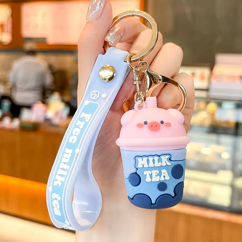 Cute Anime Keychain Charm Key Ring Lovely Piggy Milk Tea Cup Doll Couple Students Personalized Creative Valentine`s Day Gift UPS