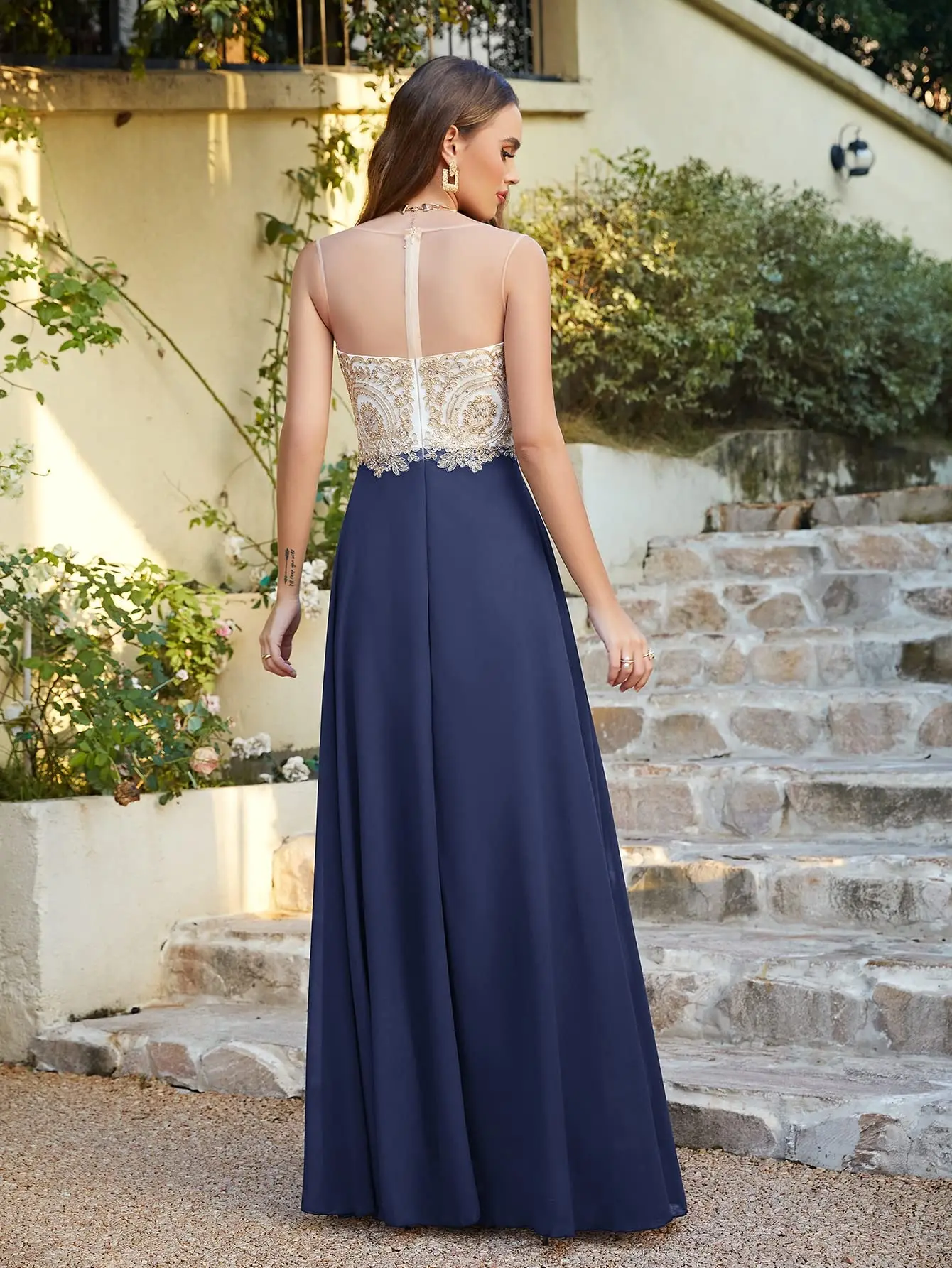 Lace Applique Elegant Long Bridesmaid Dress Sexy See-Through Back Evening Dress Mesh Neck Prom Gown Vestidos de gala CPS620