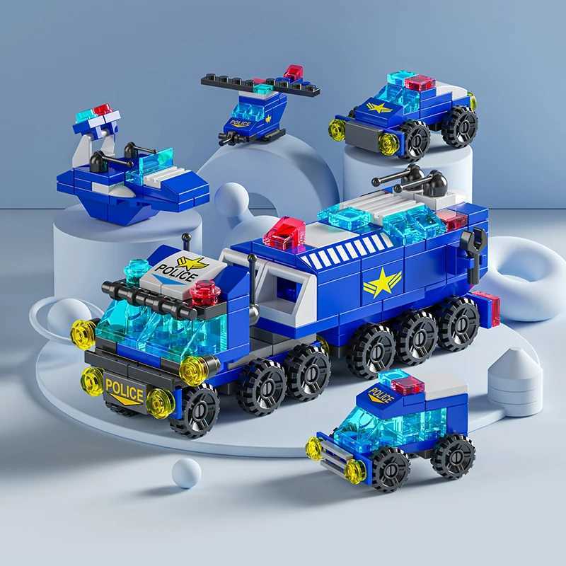 Andere speelgoedbouwsteen 6in1 Politie Truck City Fire Truck Helicopter Tank Engineering Crane Block Kit Childrens Toy Building Block S245163 S245163