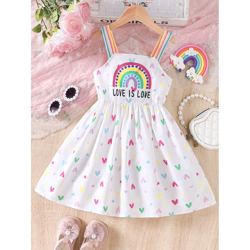 Girls d'été nouveau produit petit frais décontracté sept arc-en-ciel petit amour imprimé la robe d'élingue pour enfants 2 à 6 ans L2405