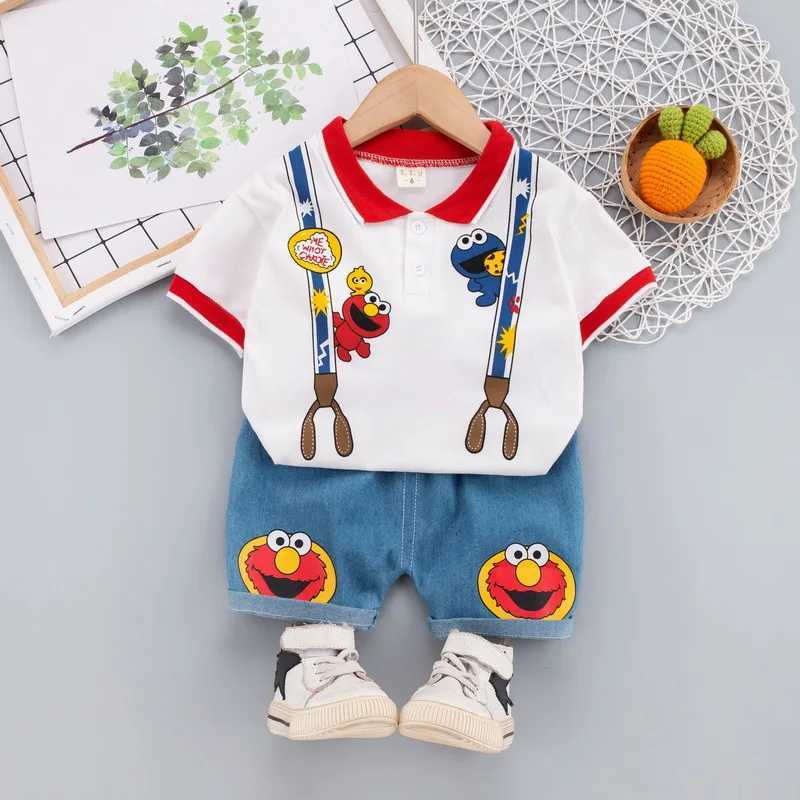 Clothing Sets New Children Clothes for Baby Infant Boy Girl Cute Sesame Street Print Clothing Sets Summer Soft Polo T-shirt+Shorts Suits Y240515