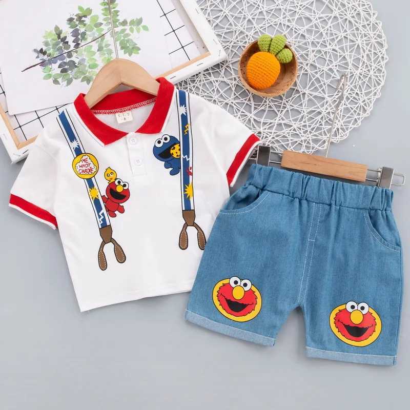 Clothing Sets New Children Clothes for Baby Infant Boy Girl Cute Sesame Street Print Clothing Sets Summer Soft Polo T-shirt+Shorts Suits Y240515