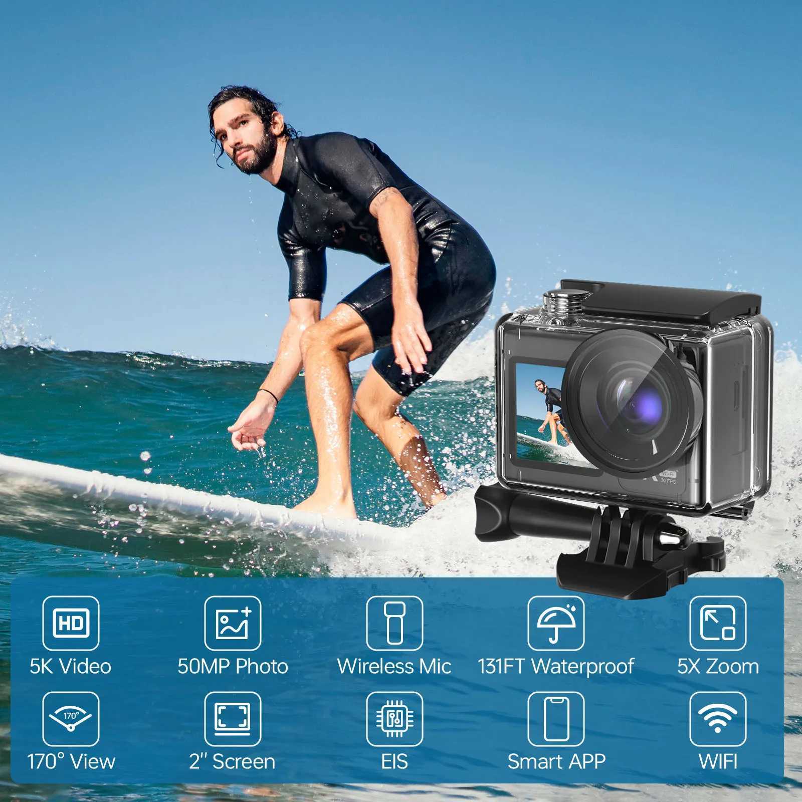Sports Action Video Cameras Action Camera 5K 30fps Vattentät undervattenskamera 131 fot med pekskärmens rörelsekamera och EIS Stable 5x Zoom J240514
