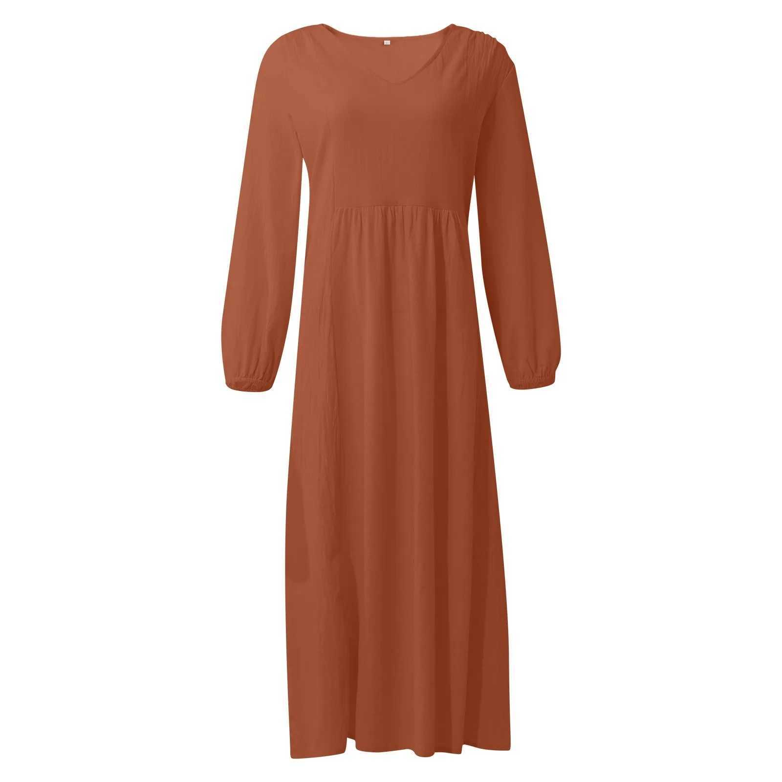 기본 캐주얼 드레스 여성 여름과 가을 패션 v- 넥 코튼 린넨 느슨한 슬브 슬브 드레스 y240515