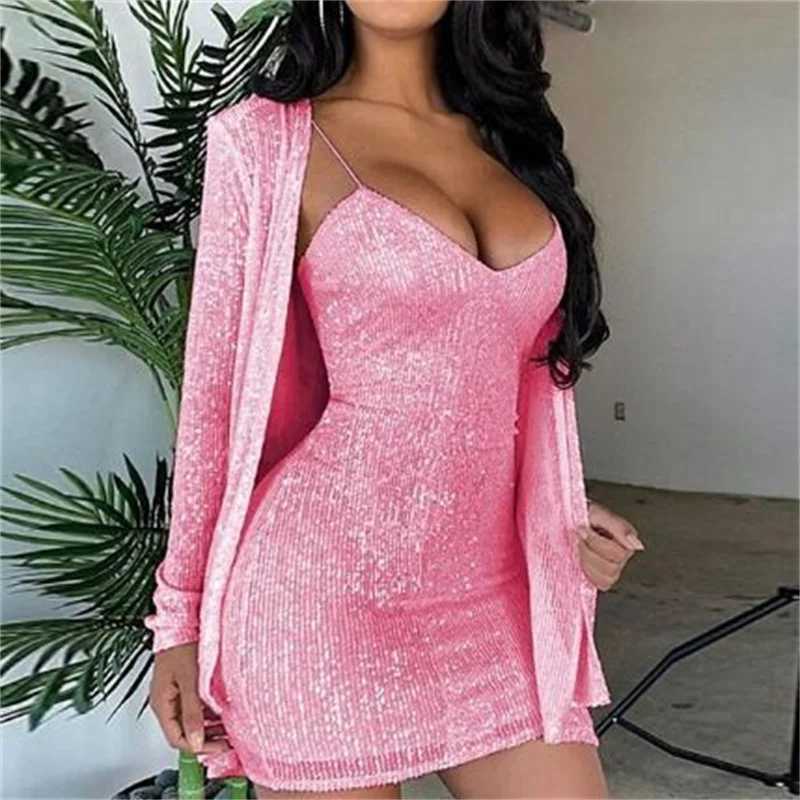 Runway Dresses Fashion Sequin Glitter Long Slve Cardigan Coat and Sparkly Spaghetti Strap Backless Mini Dress Evening Party Women T240518