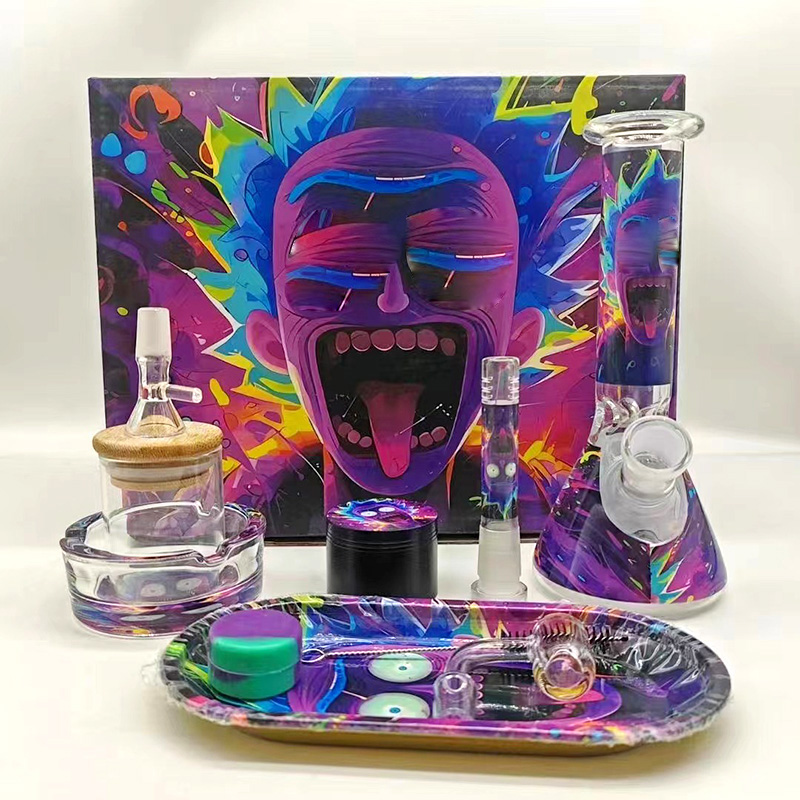 Glass Water Bong Pipe Hookahs Set 8inches Height Tall Beaker Bongs Smoking Pipes Oil Dab Rigs Tobacco Dry Herb Metal Tray Glass Ashtray Bottle Silicone Jar 10in1 Kit