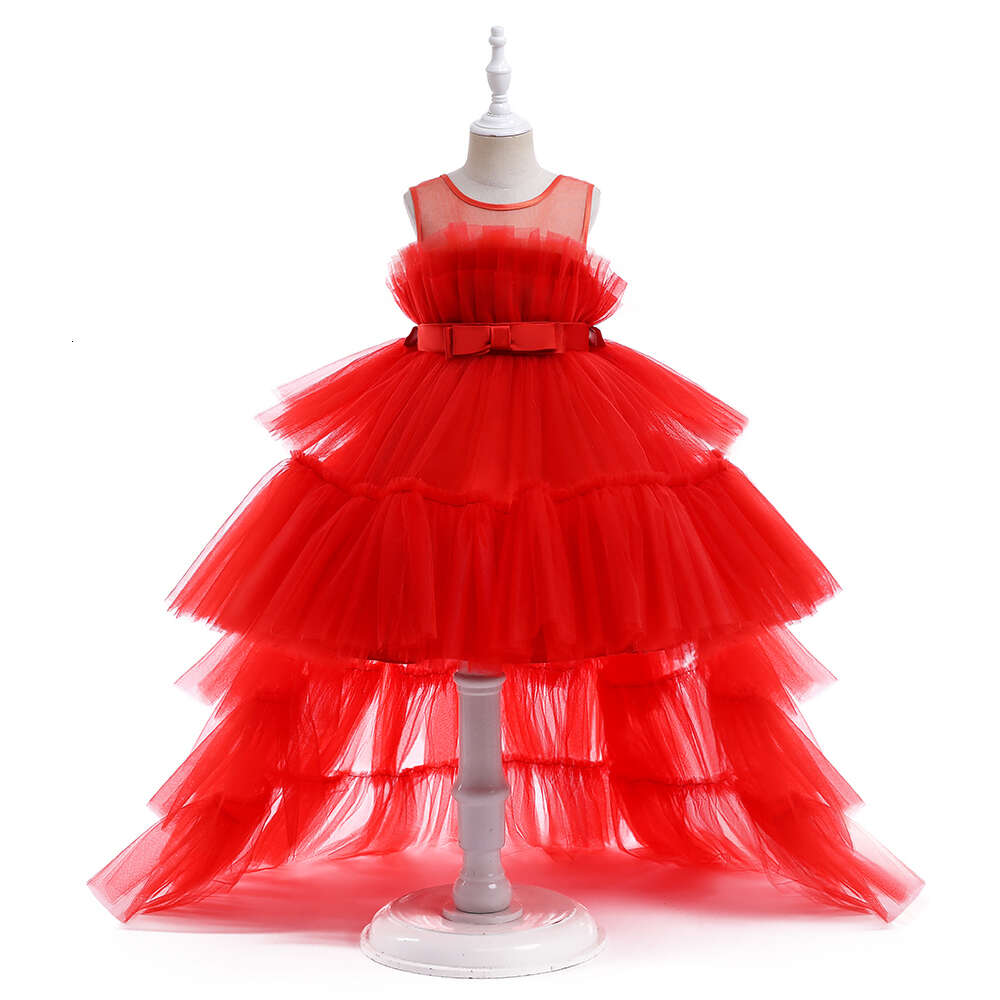 Red Puffy Tulle Flower Girls Robe traînante First Communion Party Robes For Girl Children Costume Princess Birthday Vêtements